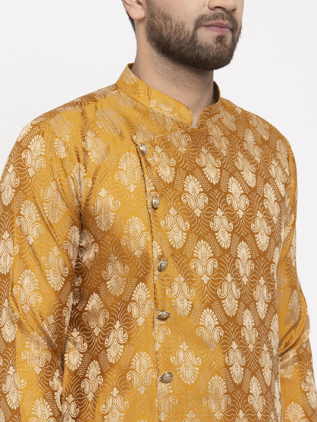 Jompers Men Mustard Yellow & White Jacquard Kurta with Churidar ( JOKP 634 Mustard )