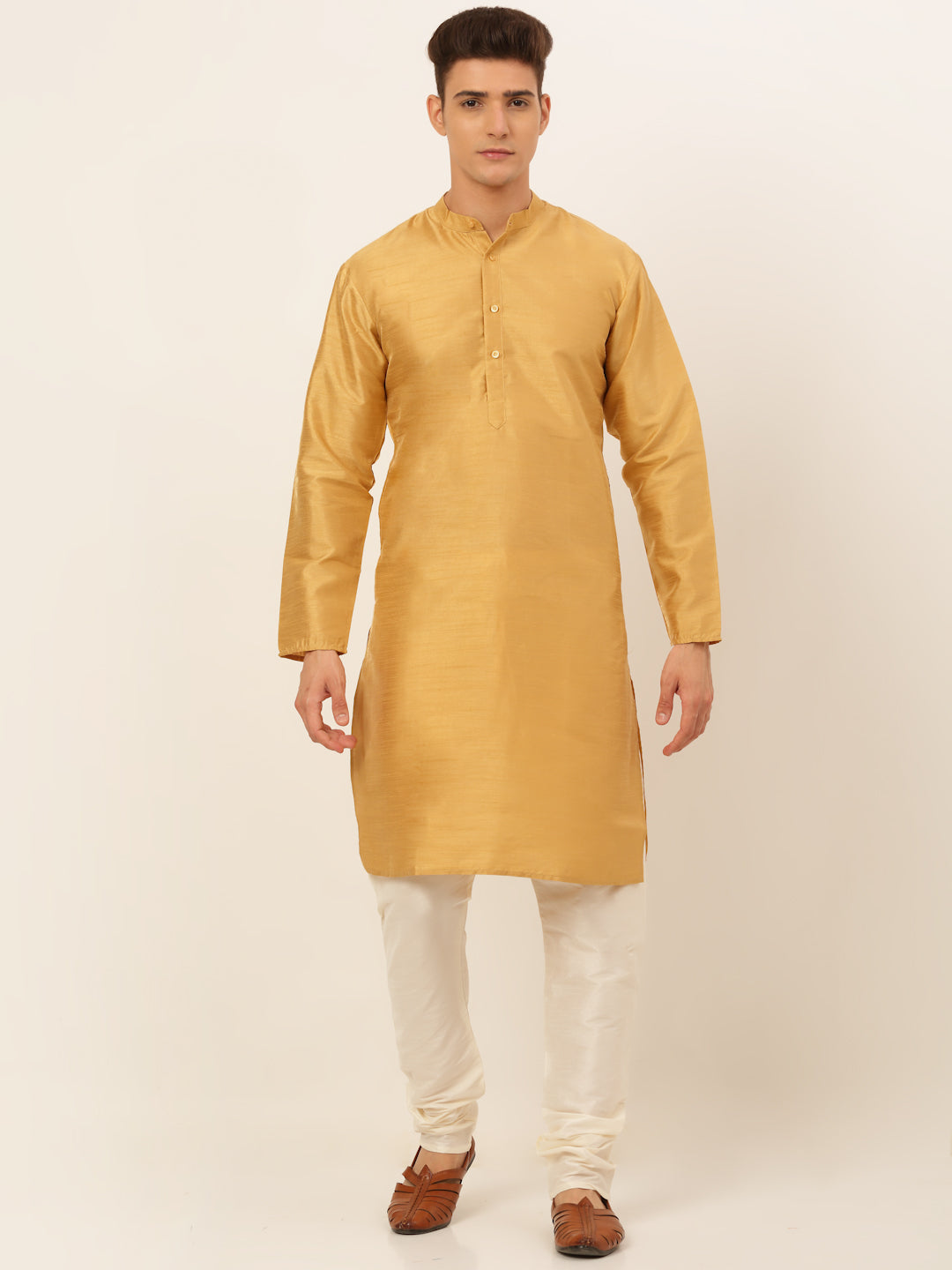 Jompers Men's Solid Dupion Silk Kurta Payjama Set ( JOKP 636Dark-Golden )