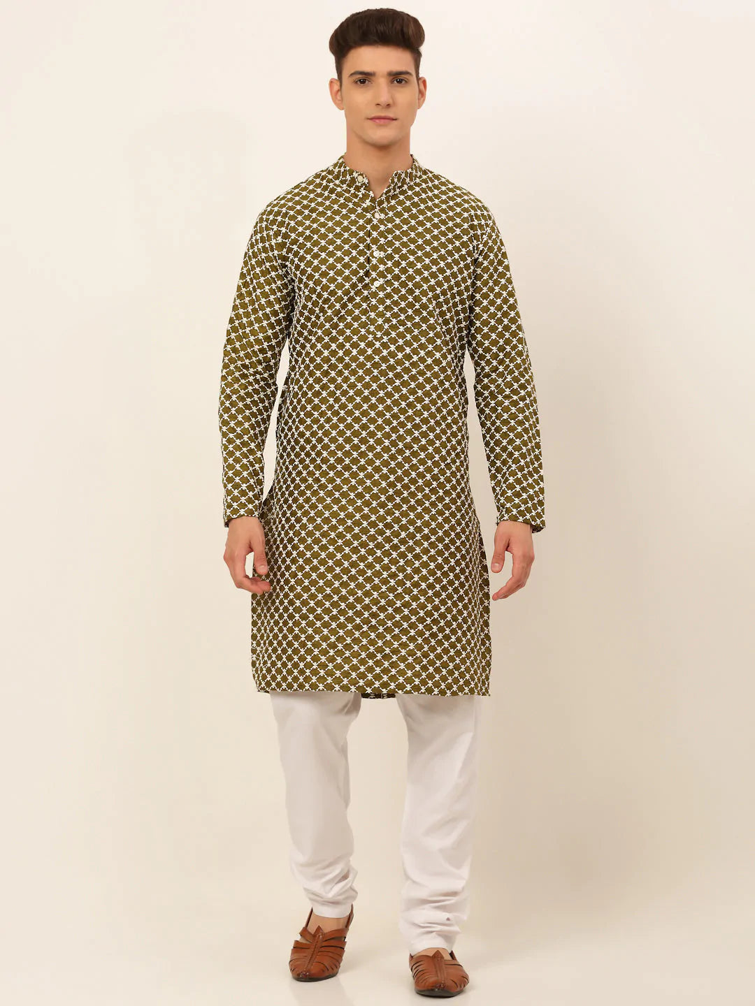 Jompers Men Olive Green Chikankari Kurta with Churidar ( JOKP 641 Olive )