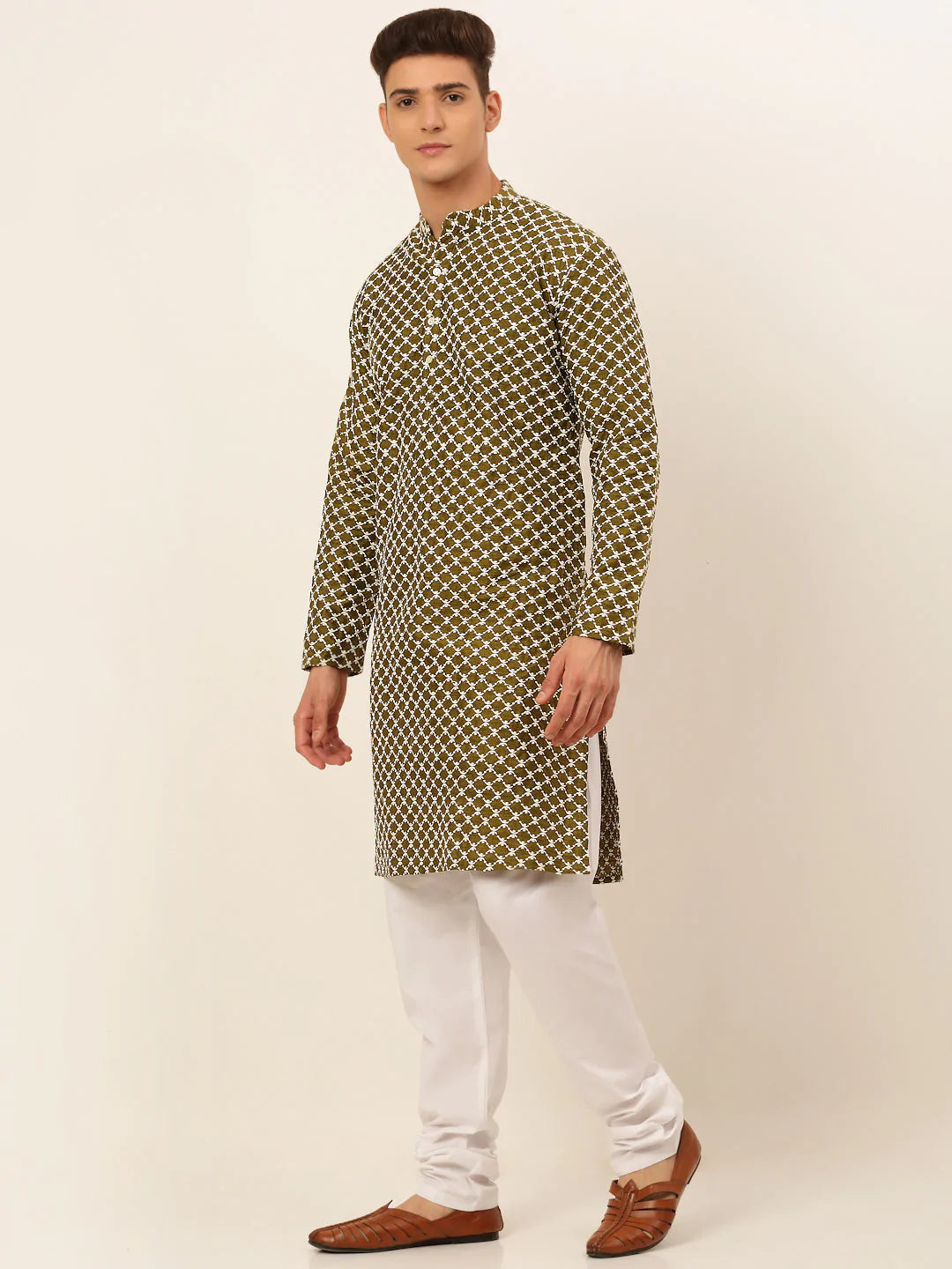 Jompers Men Olive Green Chikankari Kurta with Churidar ( JOKP 641 Olive )