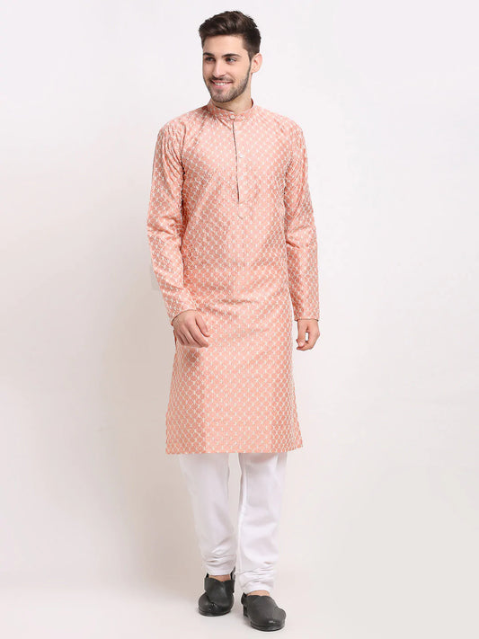 Jompers Men Peach Chikankari Kurta with Churidar ( JOKP 641 Peach )