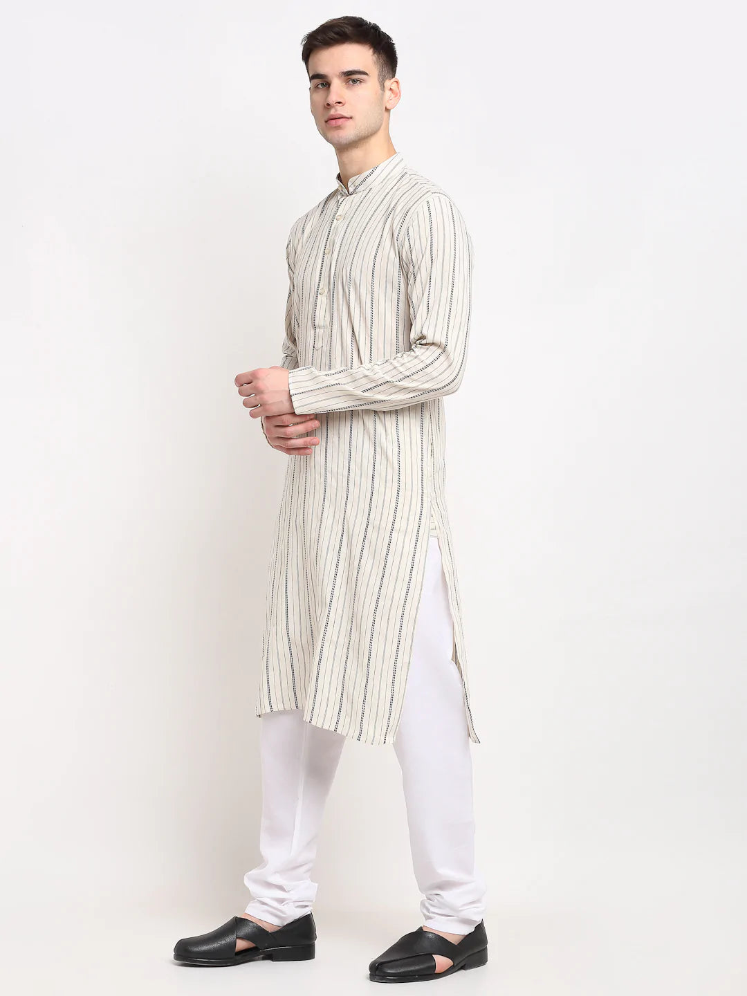 Jompers Men's Cream Cotton Striped Kurta Payjama Sets ( JOKP 643 Cream )