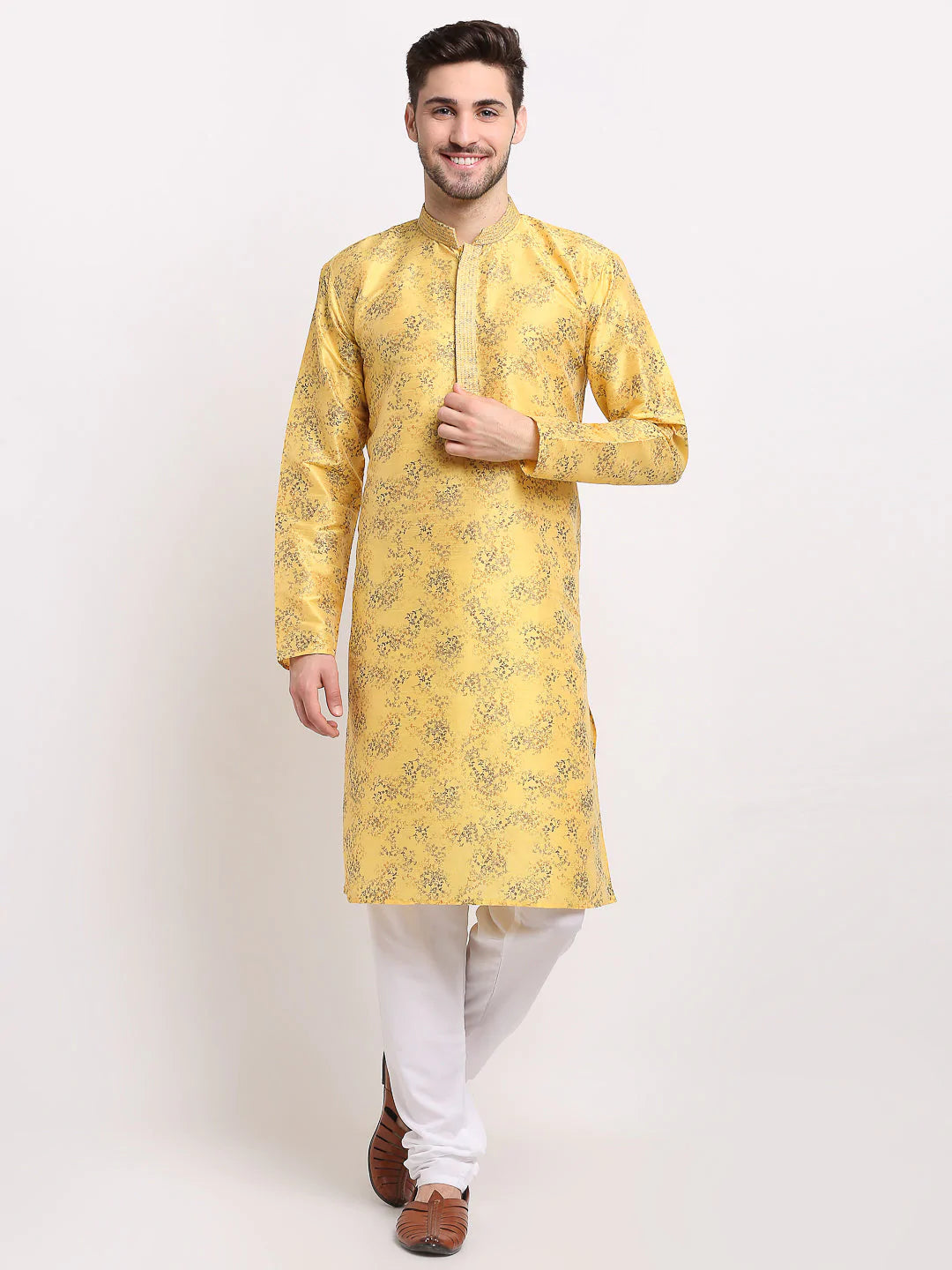 Jompers Men's Yellow Dupion Printed Kurta Only ( KO 644 Yellow )