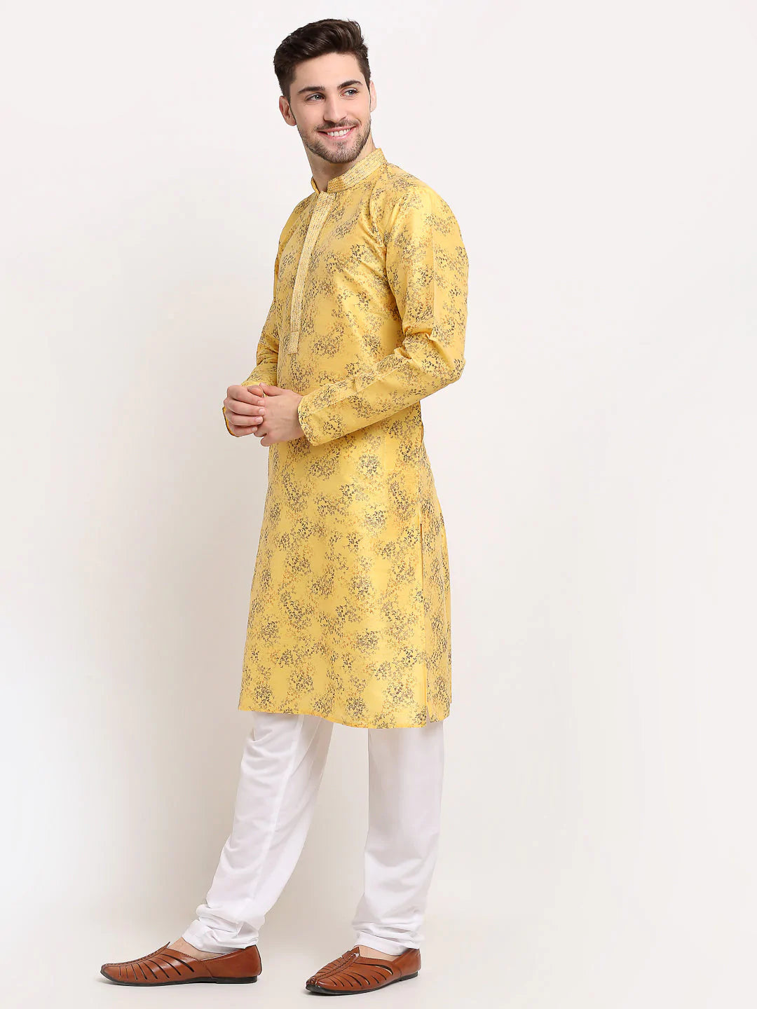 Jompers Men's Yellow Dupion Printed Kurta Only ( KO 644 Yellow )