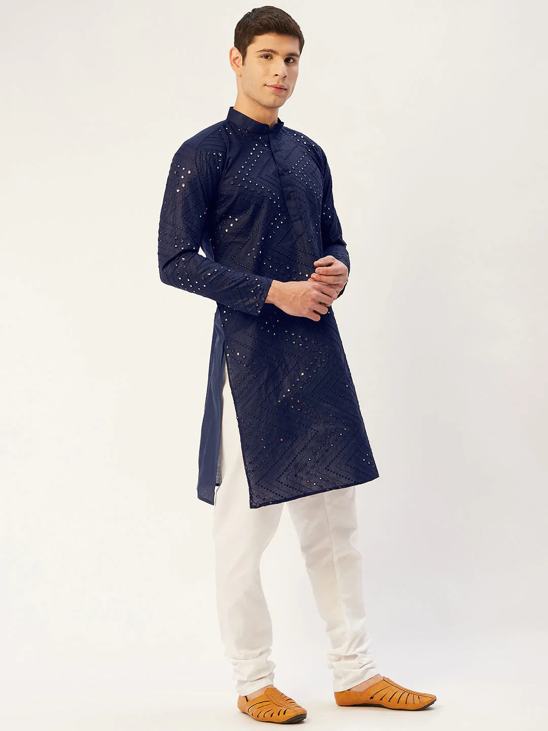 Jompers Men's Navy Embroidered Mirror Work Kurta Only ( KO 646 Navy )