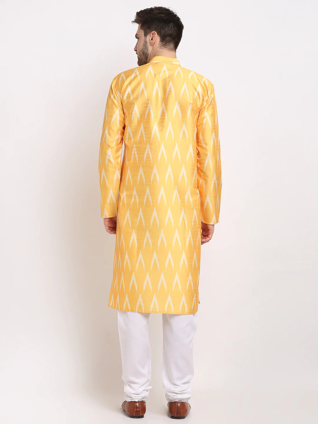 Jompers Men's Mustard Dupion Ikkat Kurta Payjama Sets ( JOKP 647 Mustard )