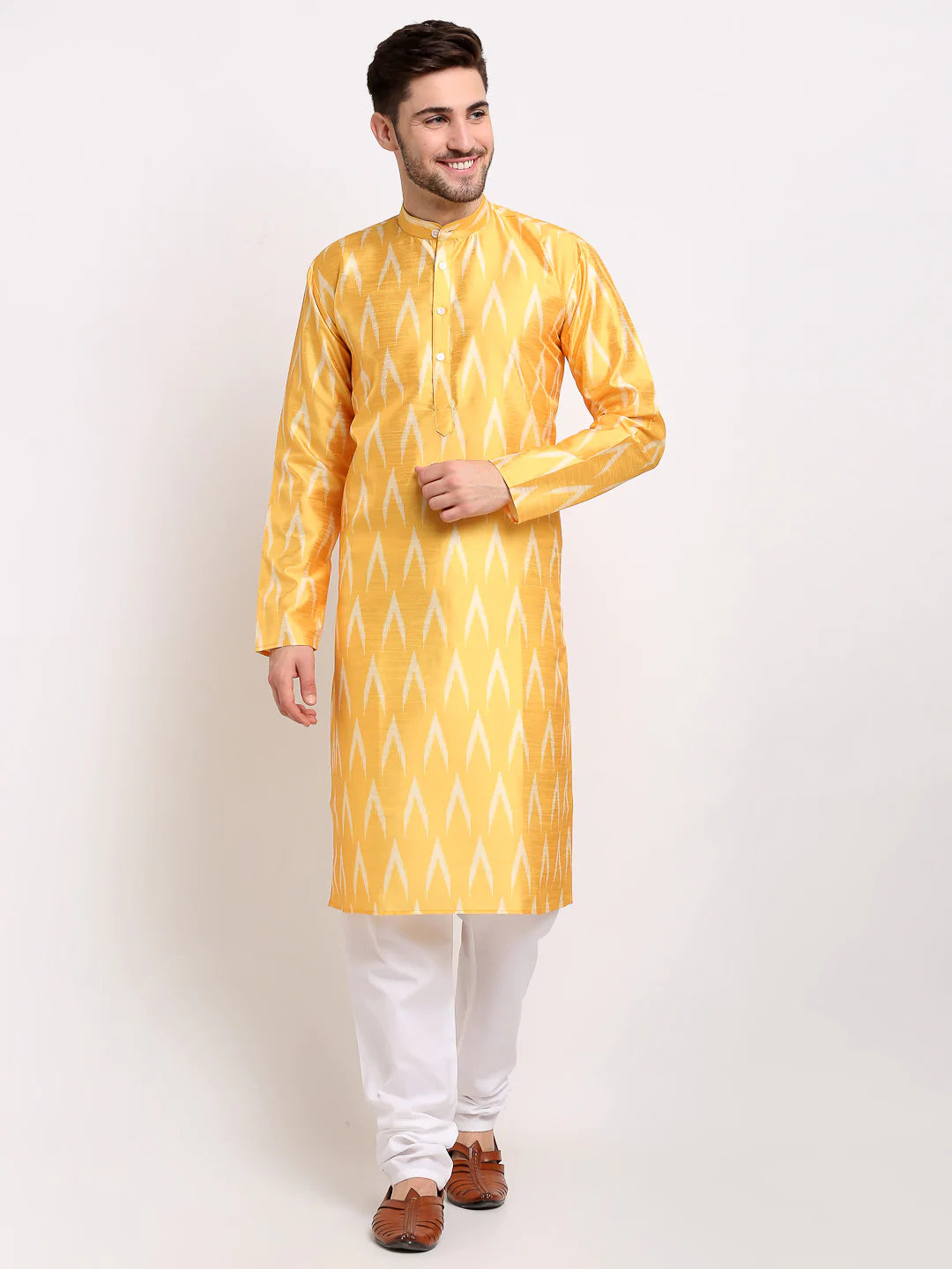 Jompers Men's Mustard Dupion Ikkat Kurta Payjama Sets ( JOKP 647 Mustard )