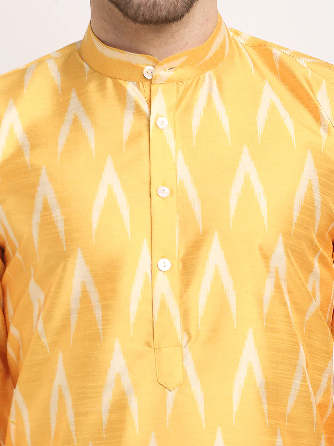 Jompers Men's Mustard Dupion Ikkat Kurta Payjama Sets ( JOKP 647 Mustard )