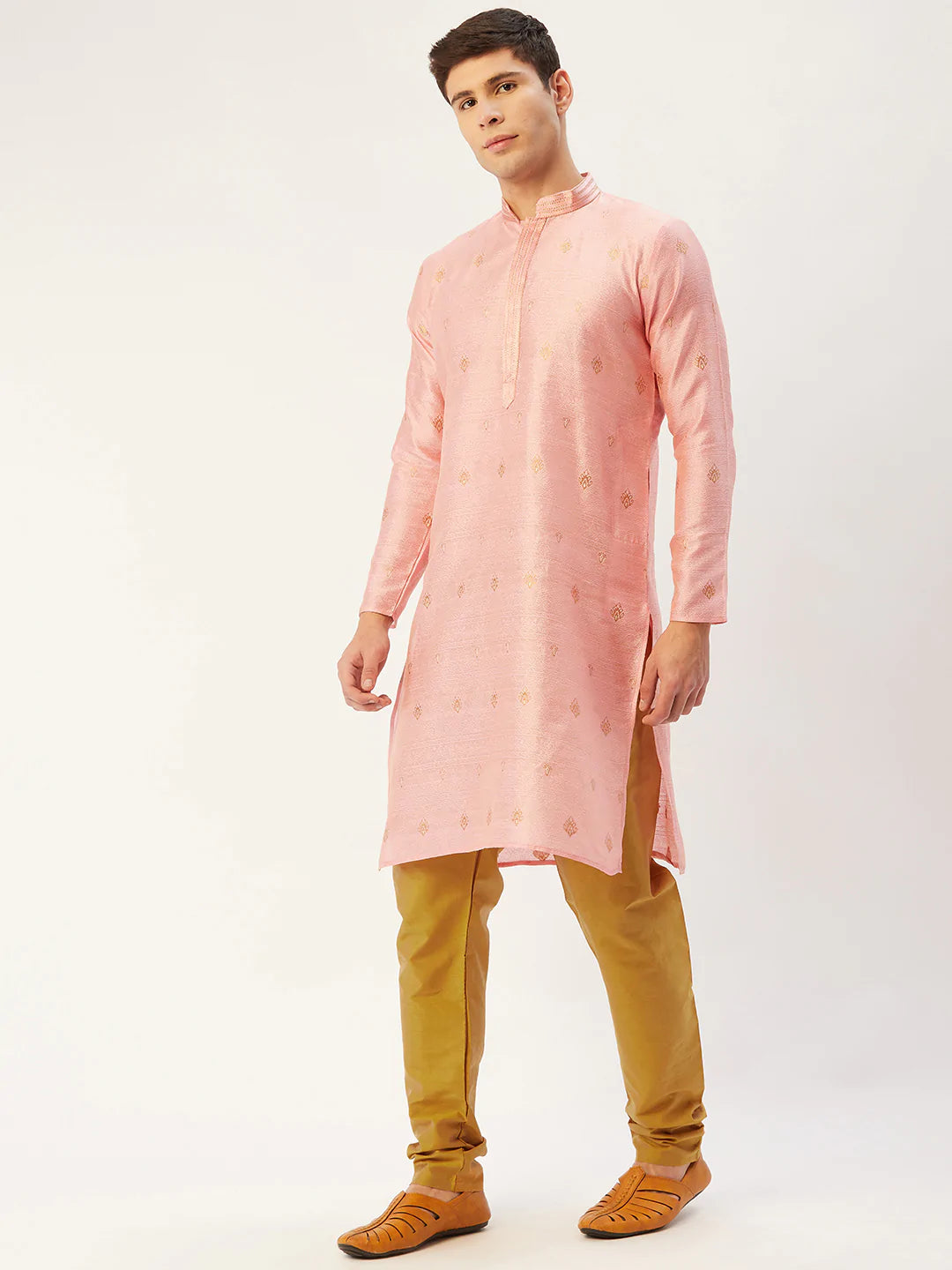 Jompers Men's Pink Coller Embroidered Woven Design Kurta Pyjama ( JOKP 649 Pink )