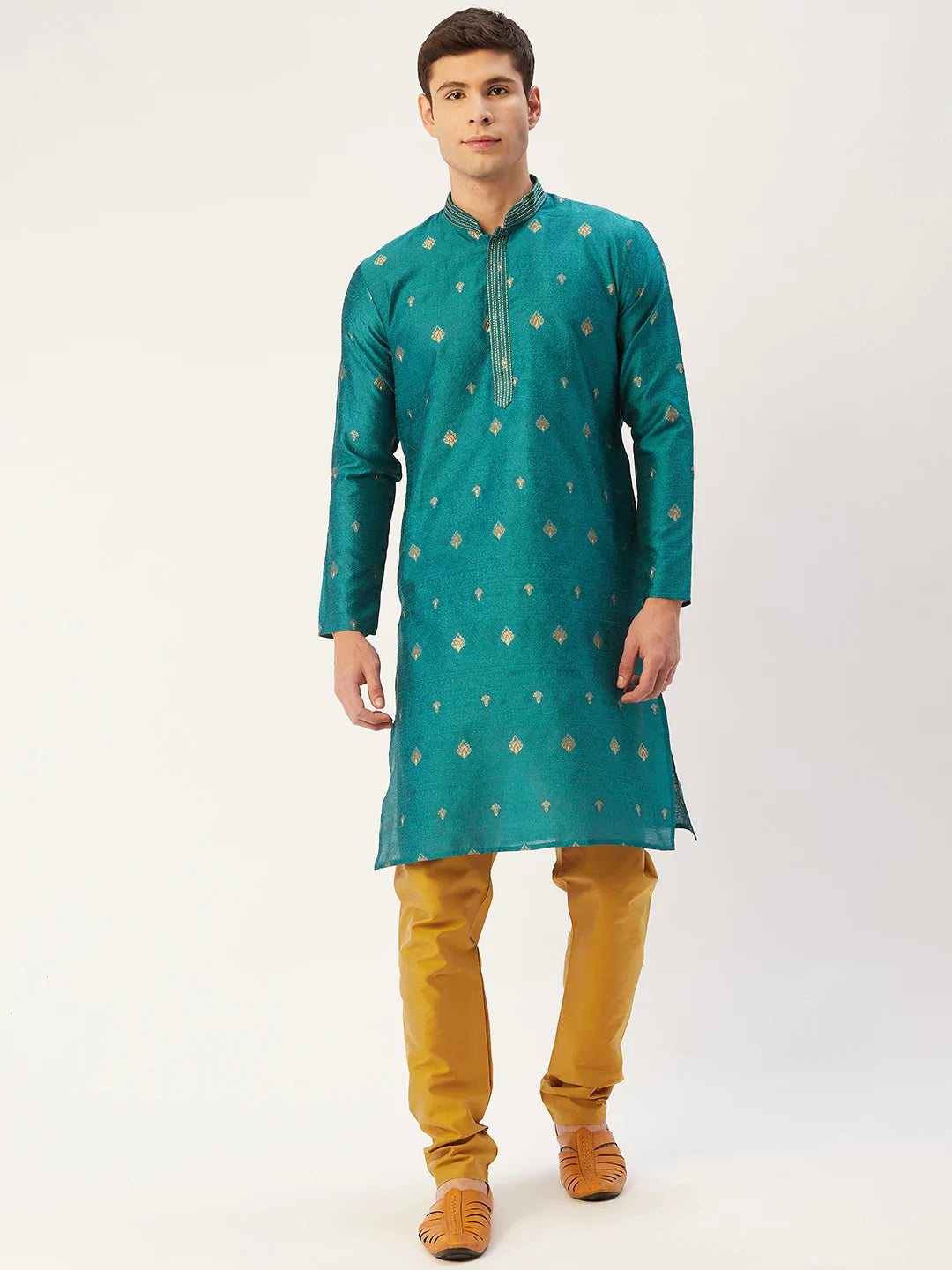 Jompers Men's Teal Coller Embroidered Woven Design Kurta Pyjama ( JOKP 649 Teal )