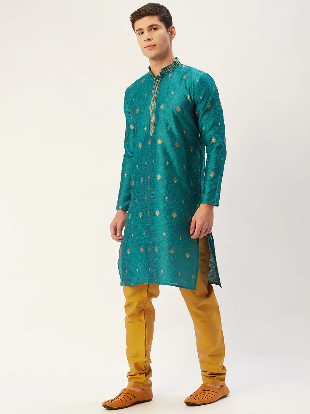 Jompers Men's Teal Coller Embroidered Woven Design Kurta Pyjama ( JOKP 649 Teal )