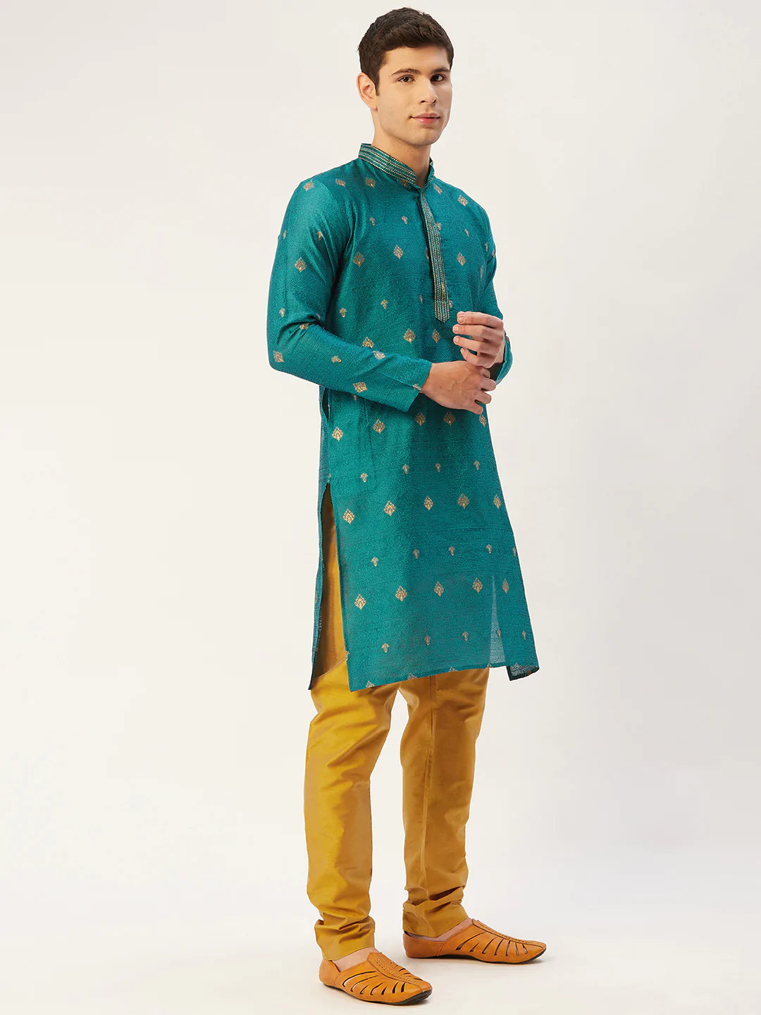 Jompers Men's Teal Coller Embroidered Woven Design Kurta Pyjama ( JOKP 649 Teal )