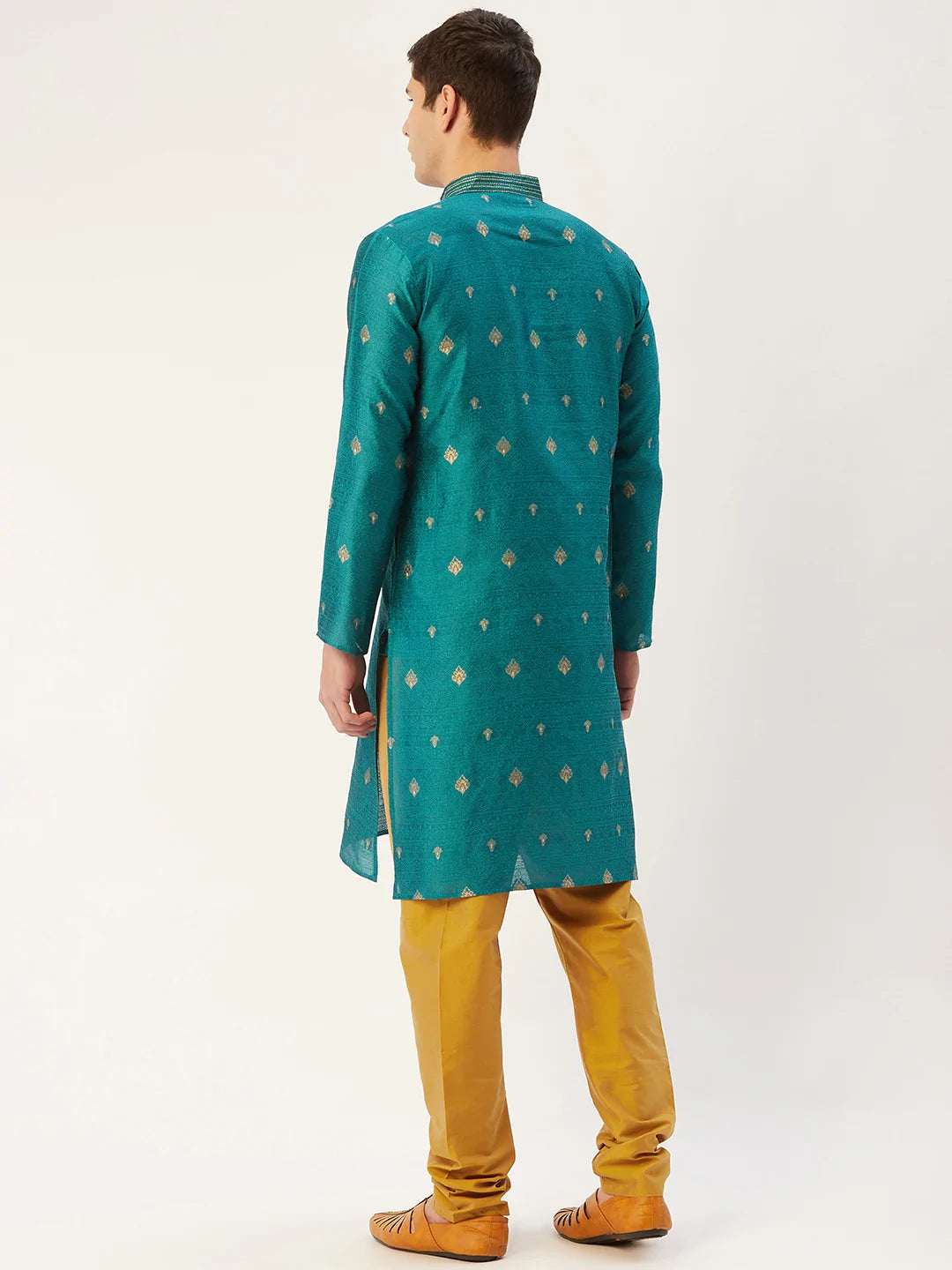 Jompers Men's Teal Coller Embroidered Woven Design Kurta Pyjama ( JOKP 649 Teal )