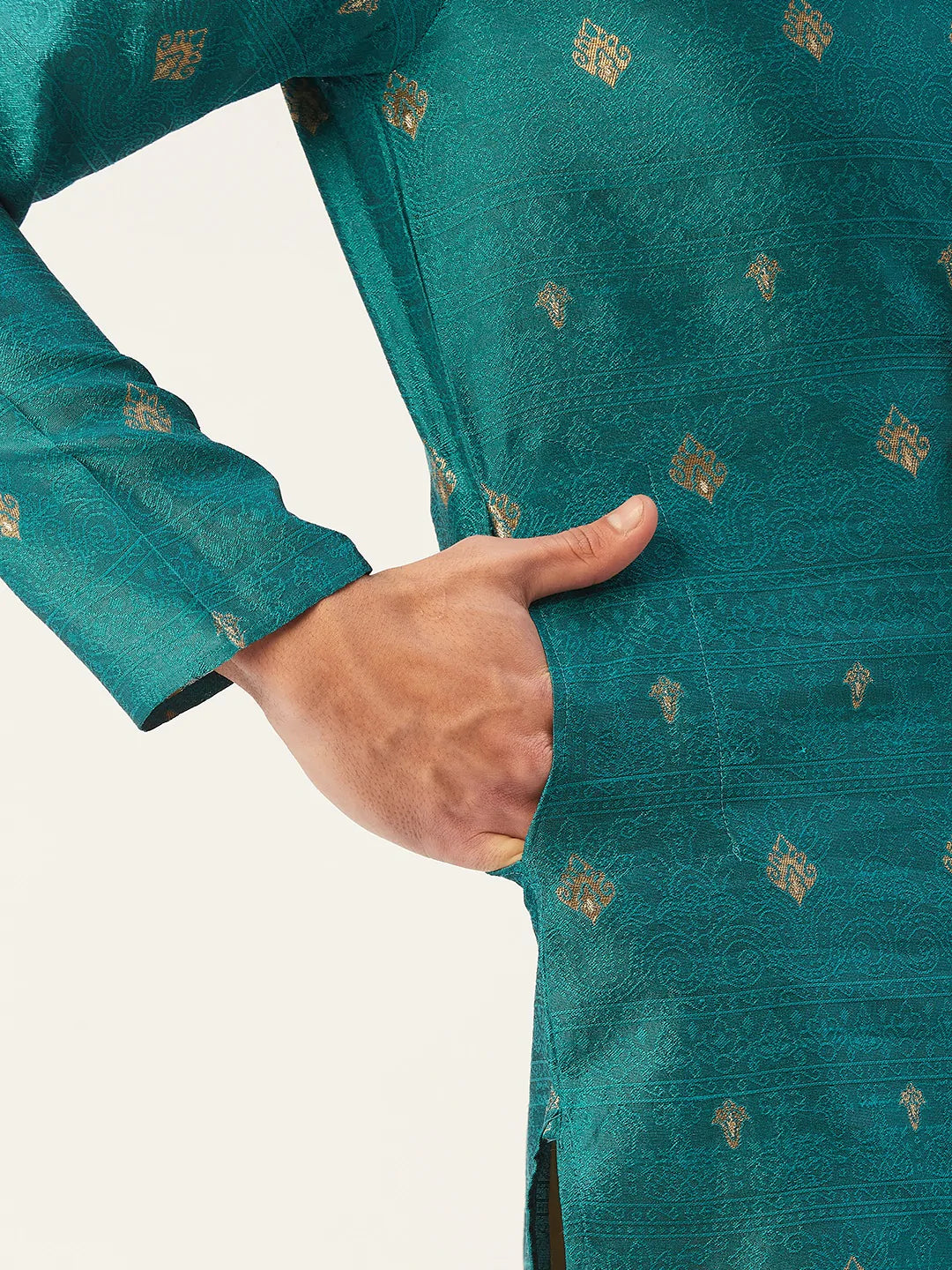 Jompers Men's Teal Coller Embroidered Woven Design Kurta Pyjama ( JOKP 649 Teal )