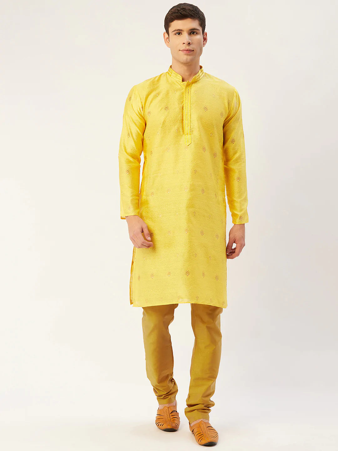 Jompers Men's Yellow Coller Embroidered Woven Design Kurta Pyjama ( JOKP 649 Yellow )