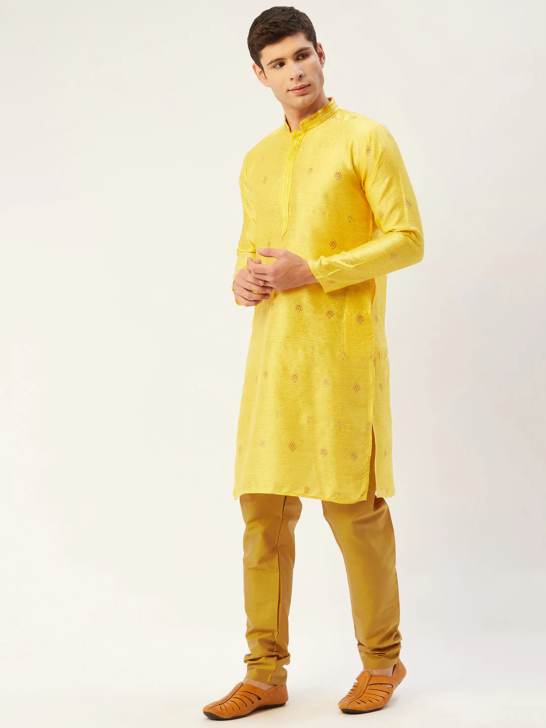 Jompers Men's Yellow Coller Embroidered Woven Design Kurta Only ( KO 649 Yellow )
