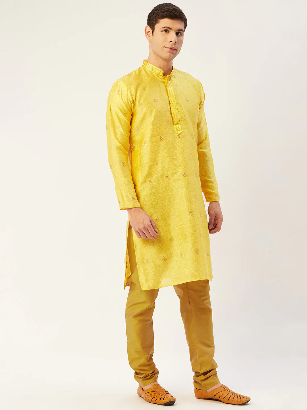 Jompers Men's Yellow Coller Embroidered Woven Design Kurta Pyjama ( JOKP 649 Yellow )