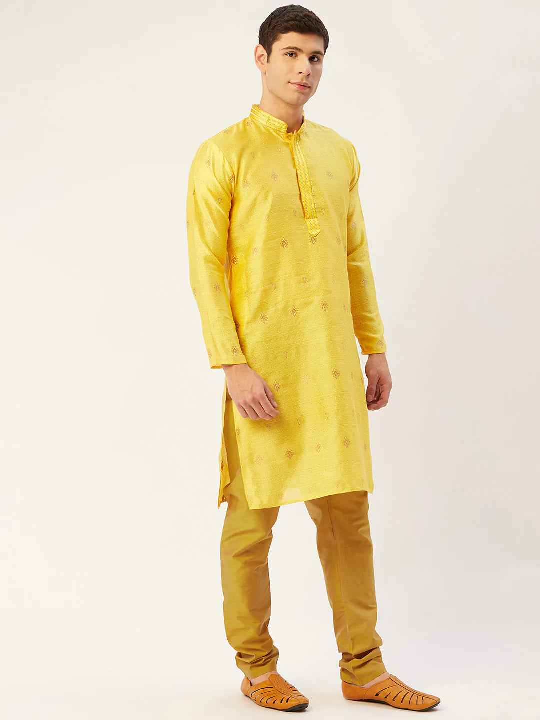 Jompers Men's Yellow Coller Embroidered Woven Design Kurta Only ( KO 649 Yellow )
