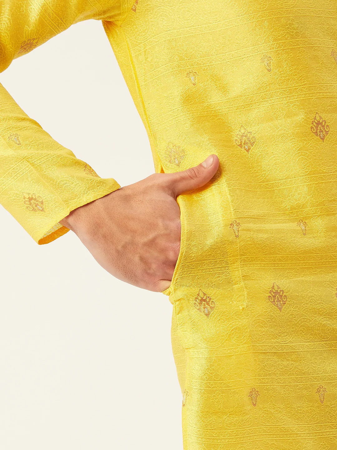 Jompers Men's Yellow Coller Embroidered Woven Design Kurta Only ( KO 649 Yellow )