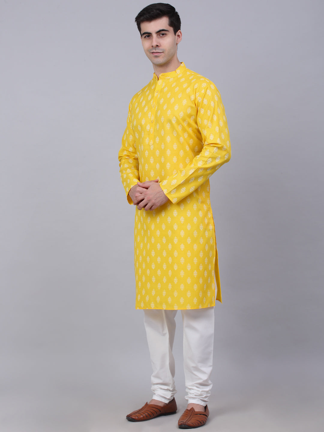 Men's Cotton Floral printed kurta Pyjama Set ( JOKP 650Lemon )