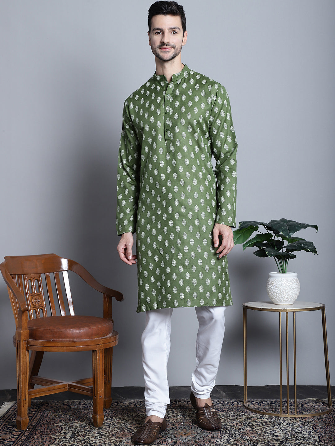 Men's Cotton Floral printed kurta Pyjama ( JOKP 650 Olive )