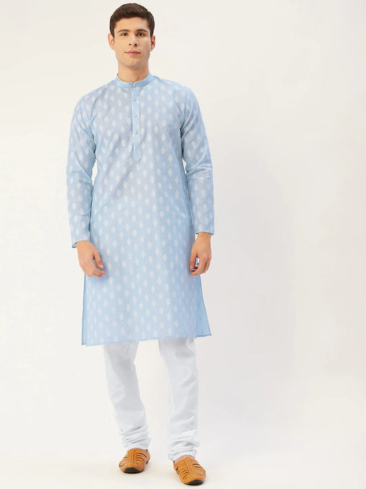 Jompers Men's Sky Cotton Floral printed kurta Pyjama Set ( JOKP 650 Sky )
