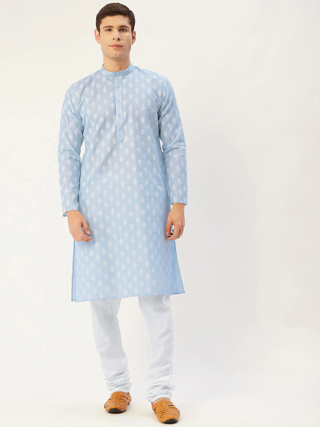 Jompers Men's Sky Cotton Floral printed kurta Only( KO 650 Sky )