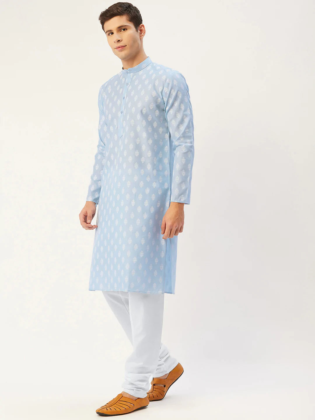 Jompers Men's Sky Cotton Floral printed kurta Pyjama Set ( JOKP 650 Sky )