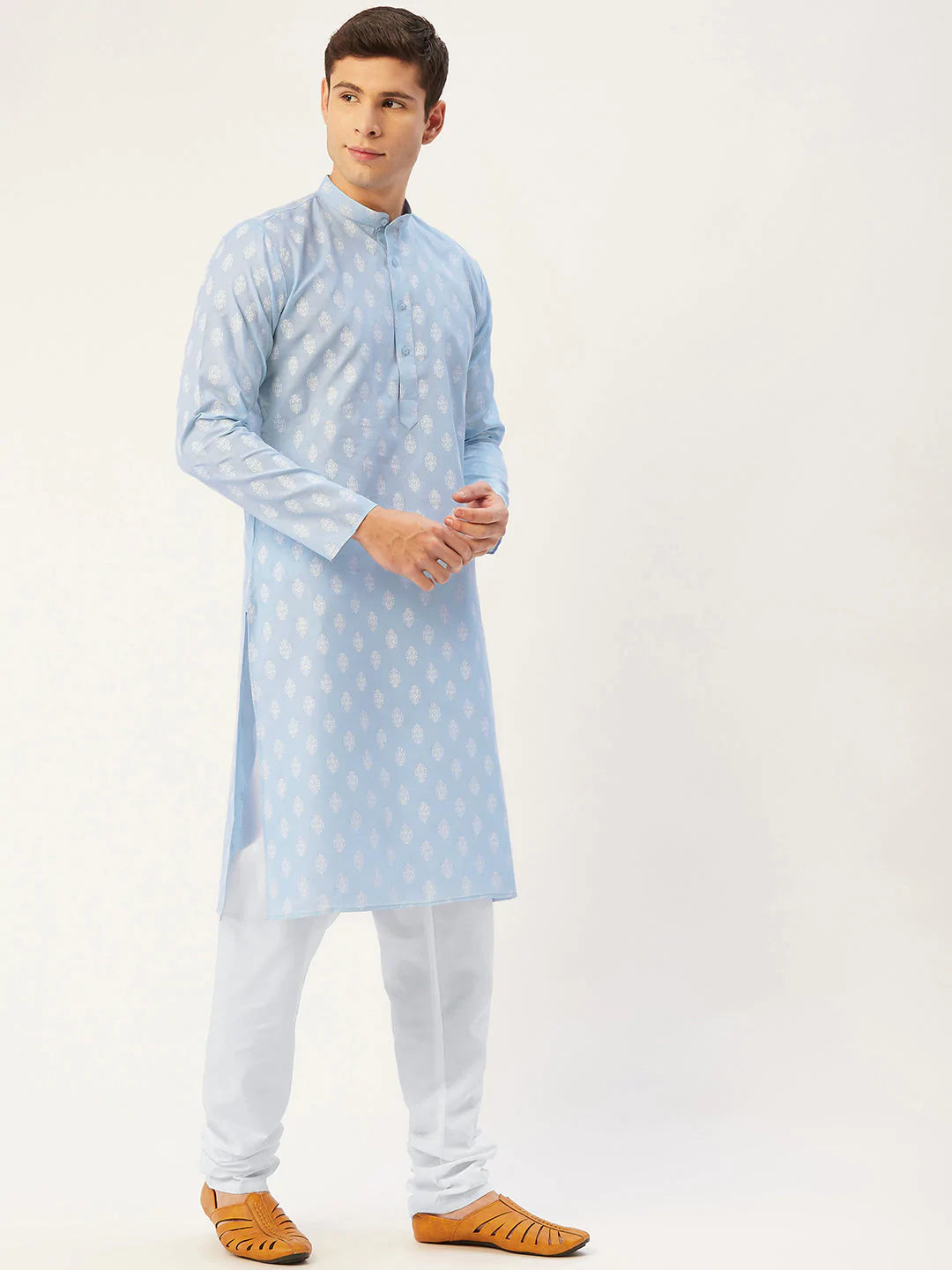 Jompers Men's Sky Cotton Floral printed kurta Only( KO 650 Sky )