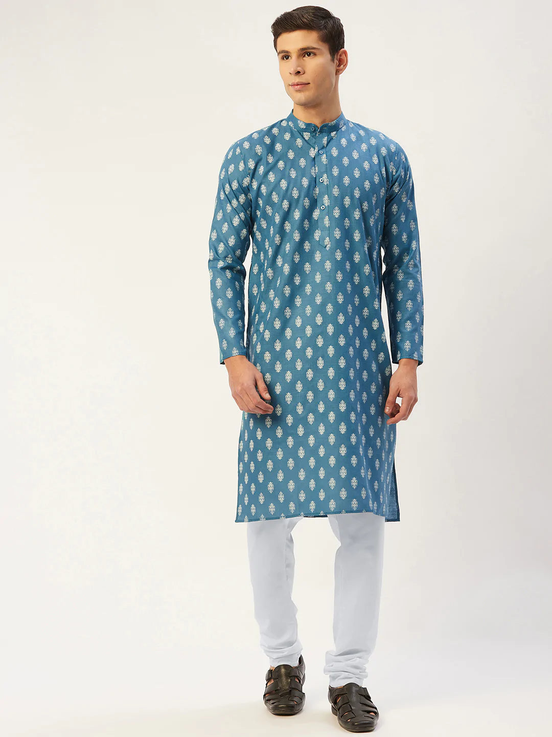 Jompers Men's Teal Cotton Floral printed kurta Pyjama Set ( JOKP 650 Teal )