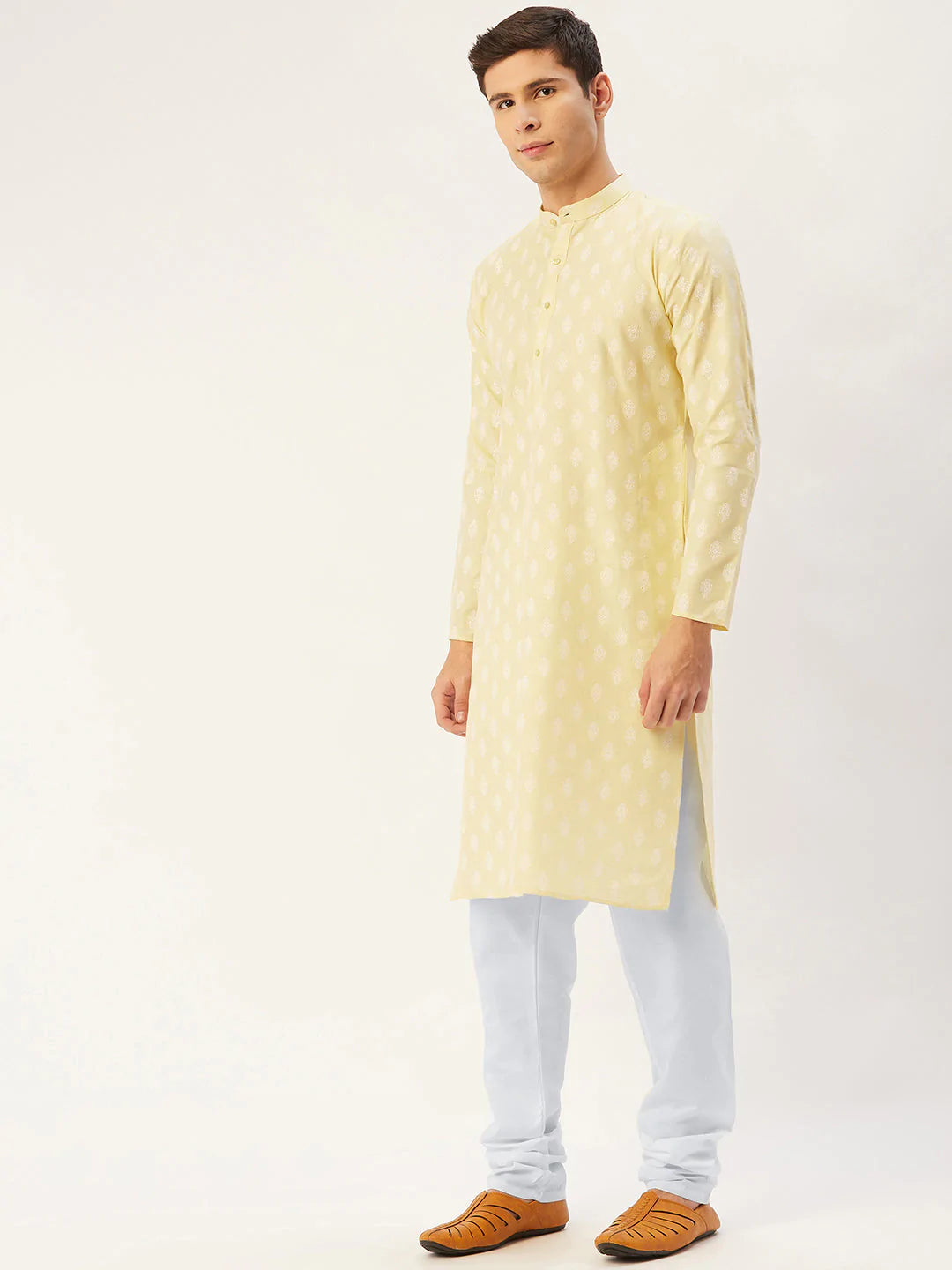Jompers Men's Yellow Cotton Floral printed kurta Only( KO 650 Yellow )