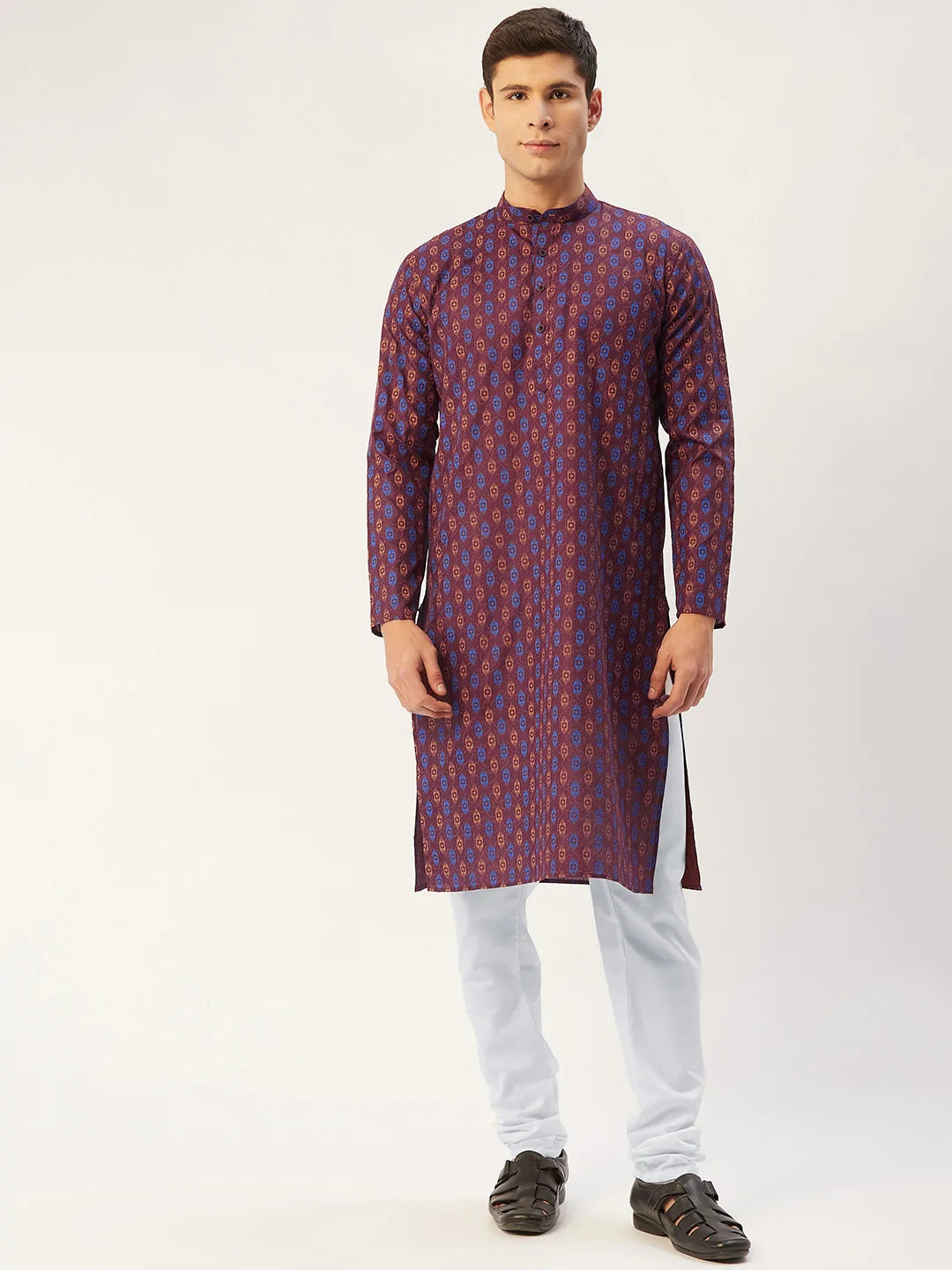 Jompers Men's Maroon Cotton Ikat printed kurta Pyjama Set ( JOKP 651 Maroon )