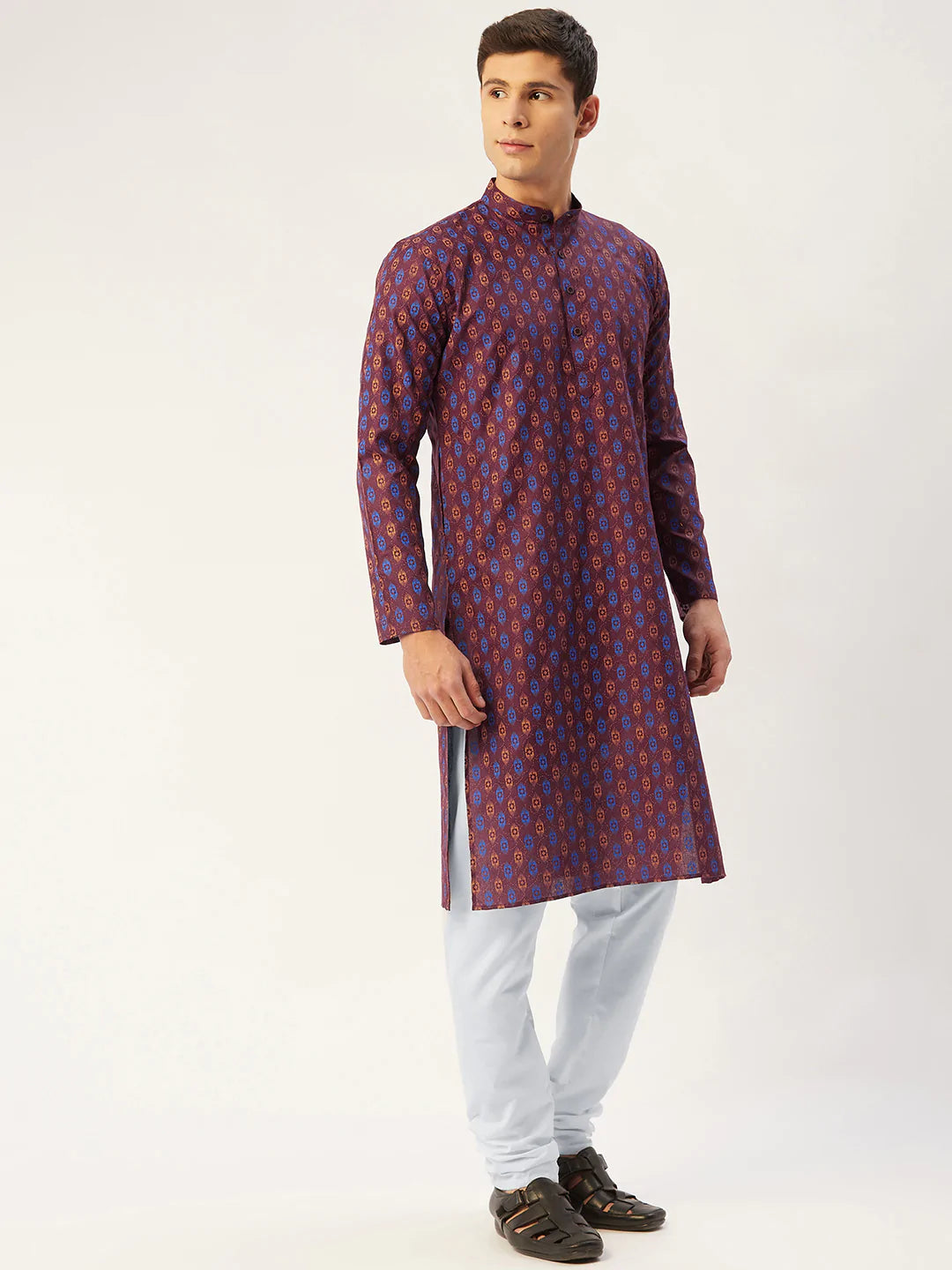 Jompers Men's Maroon Cotton Ikat printed kurta Pyjama Set ( JOKP 651 Maroon )