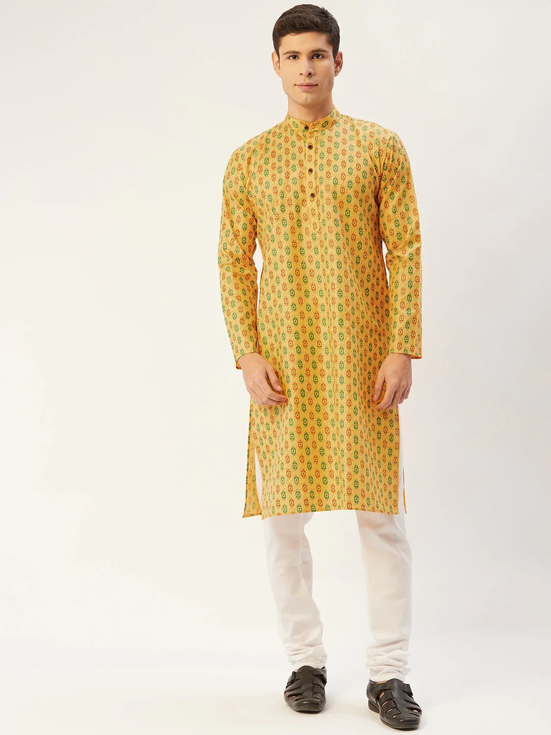 Jompers Men's Mustard Cotton Ikat printed kurta Pyjama Set ( JOKP 651 Mustard )