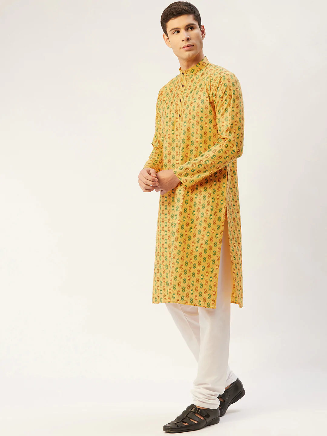 Jompers Men's Mustard Cotton Ikat printed kurta Pyjama Set ( JOKP 651 Mustard )