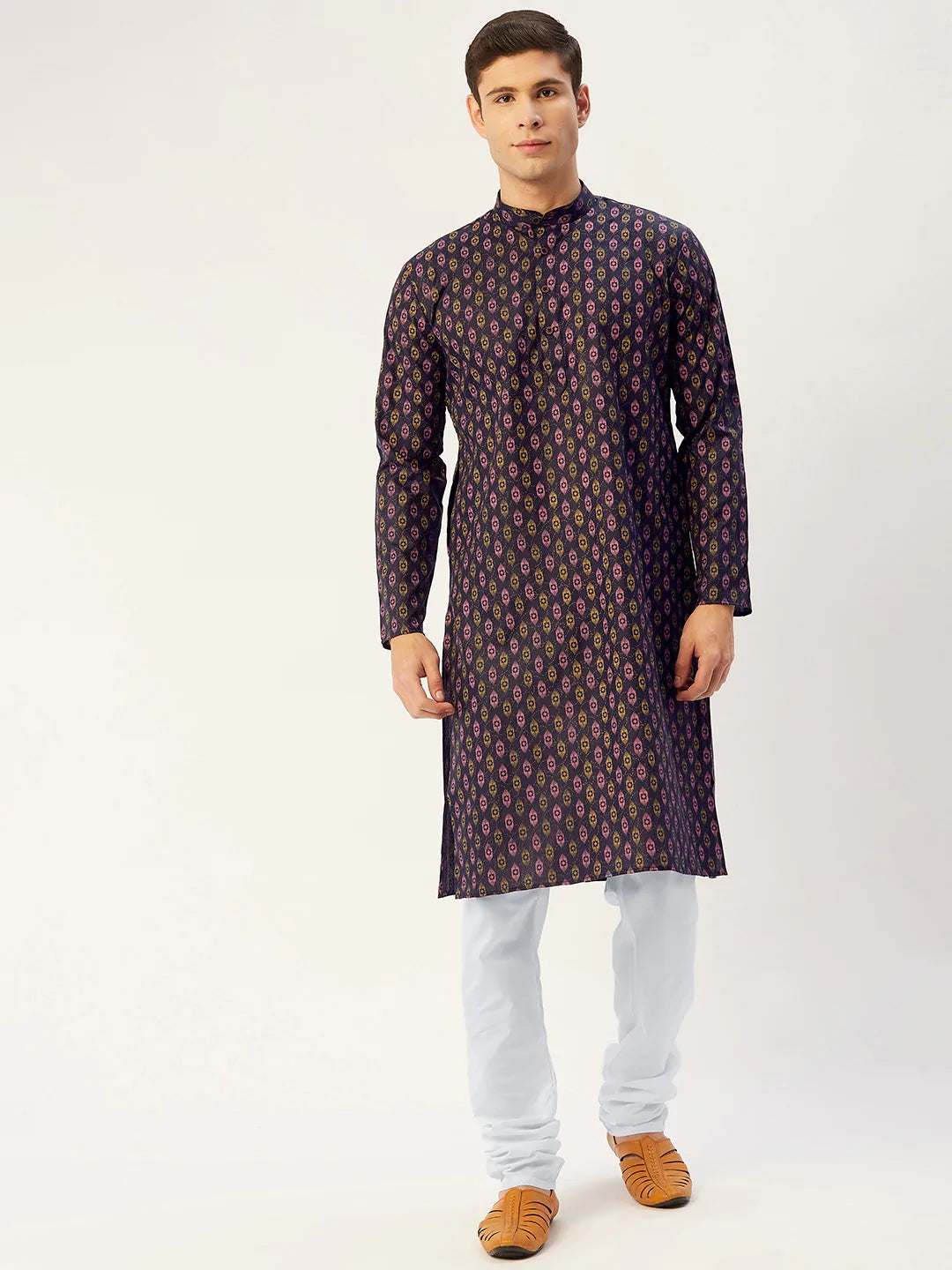 Jompers Men's Navy Cotton Ikat printed kurta Pyjama Set ( JOKP 651 Navy )