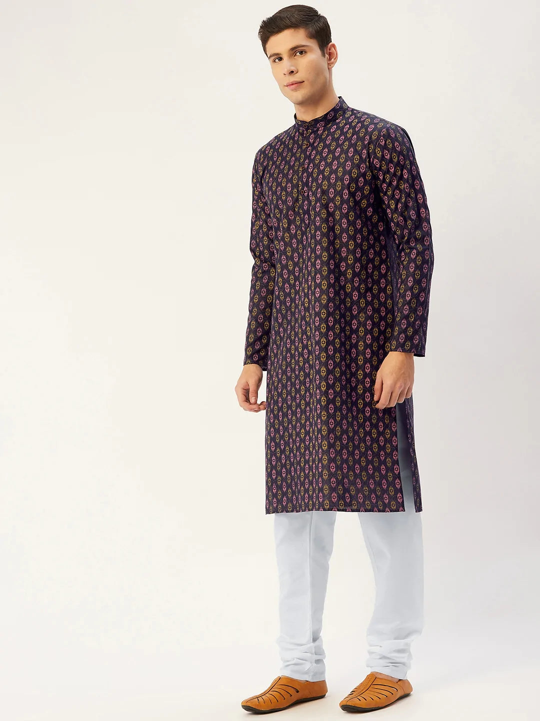 Jompers Men's Navy Cotton Ikat printed kurta Pyjama Set ( JOKP 651 Navy )
