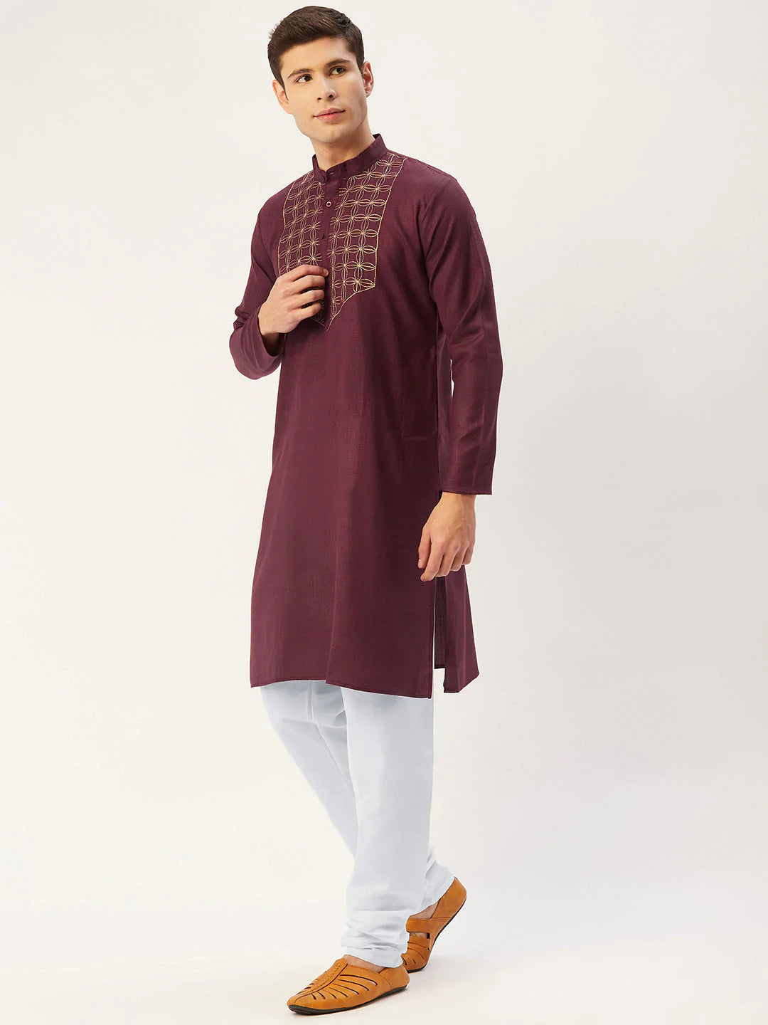 Jompers Men's Maroon Cotton Embroidered Kurta Only ( KO 654 Maroon )