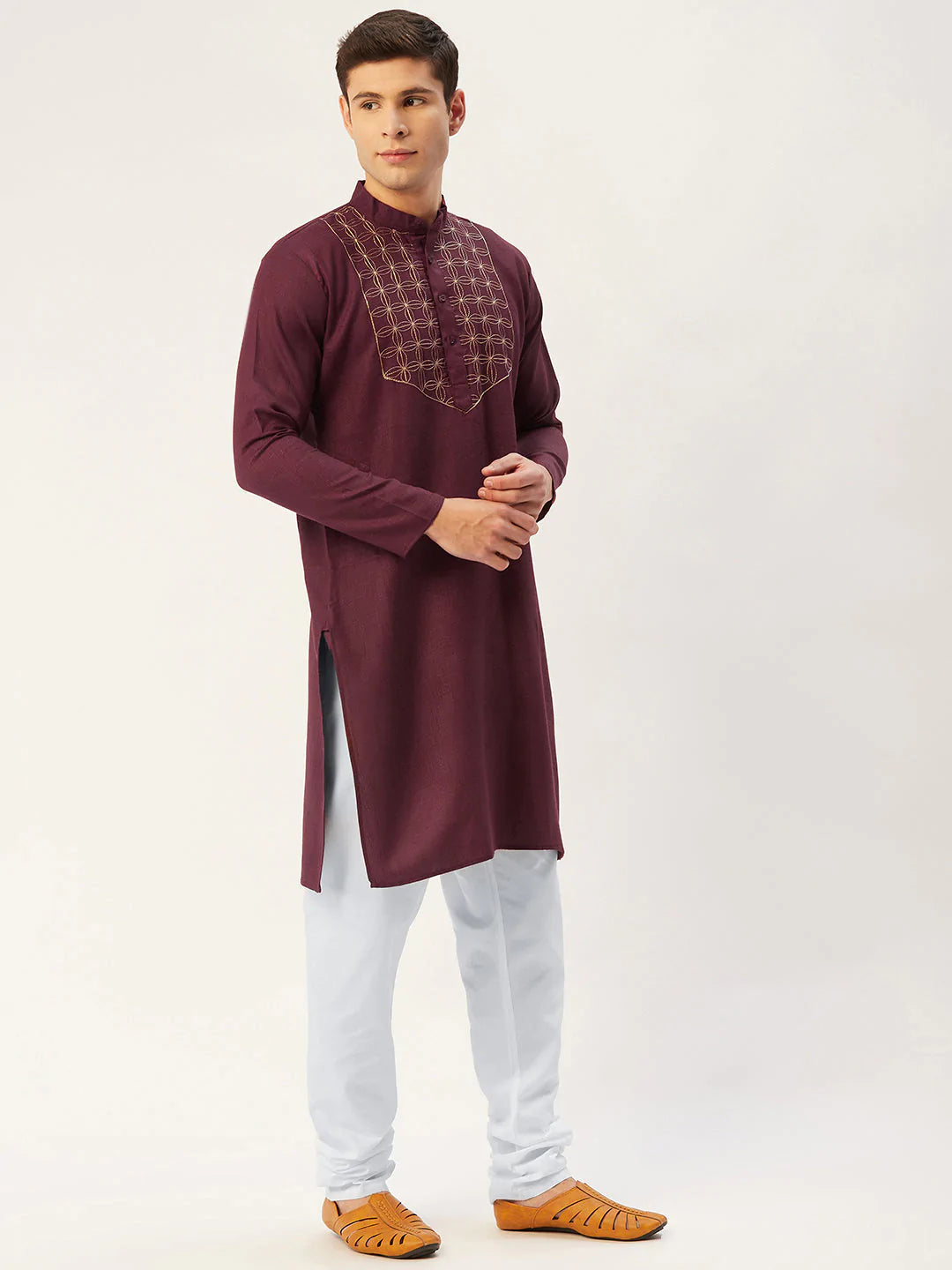 Jompers Men's Maroon Cotton Embroidered Kurta Only ( KO 654 Maroon )