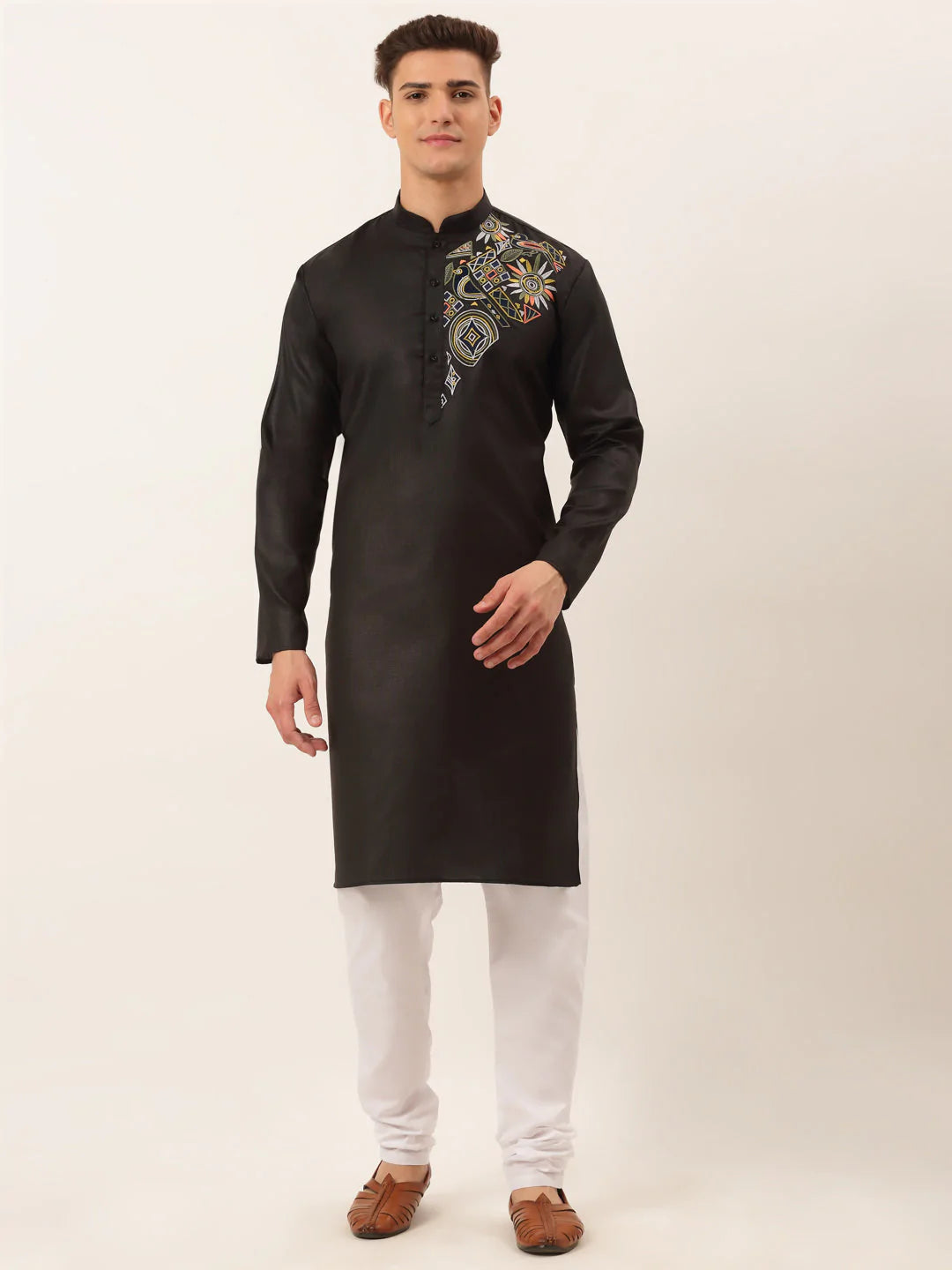 Men's Cotton Embroidered Kurta Pajama Sets ( JOKP 655 Black )