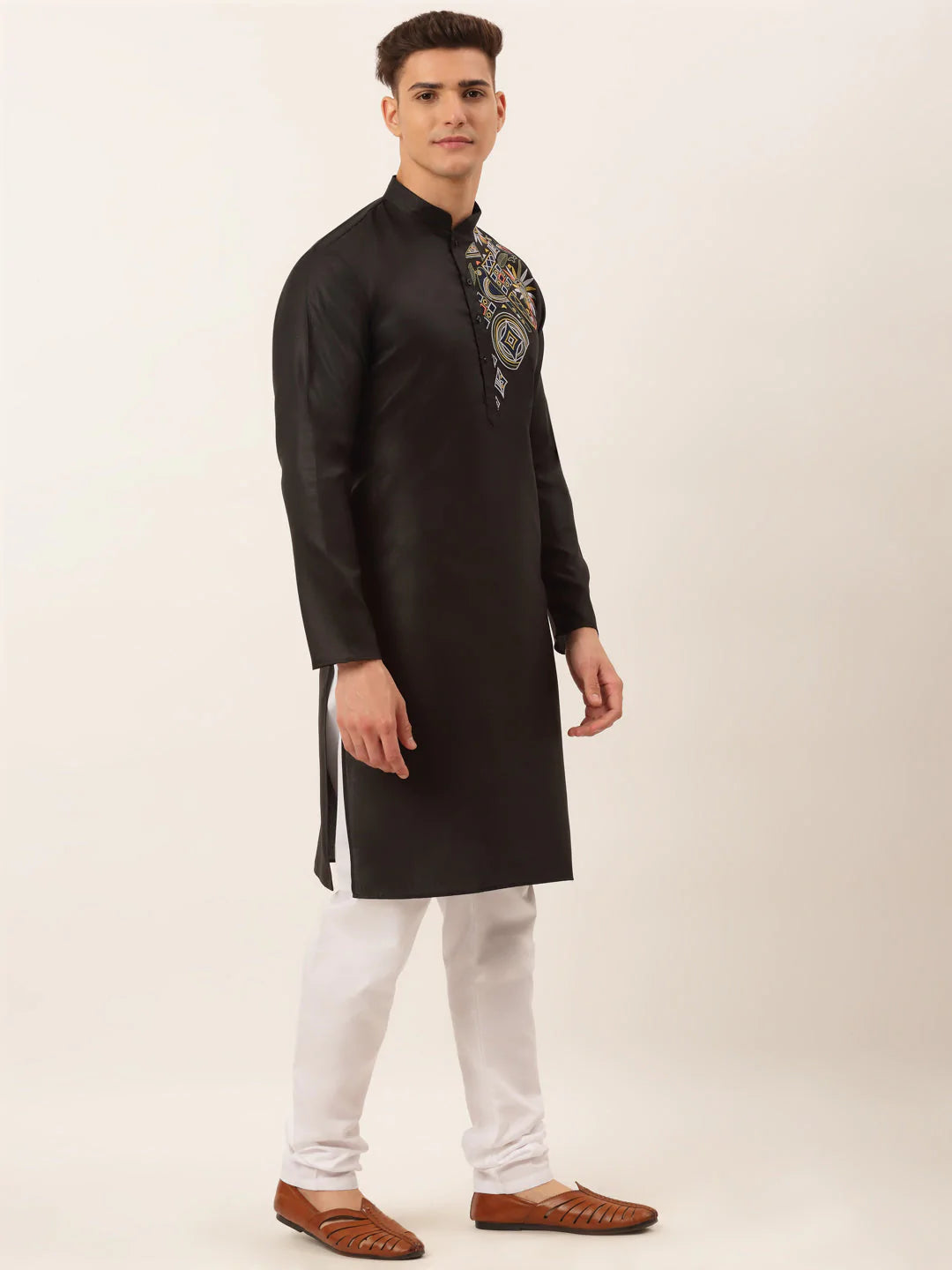 Men's Cotton Embroidered Kurta Pajama Sets ( JOKP 655 Black )