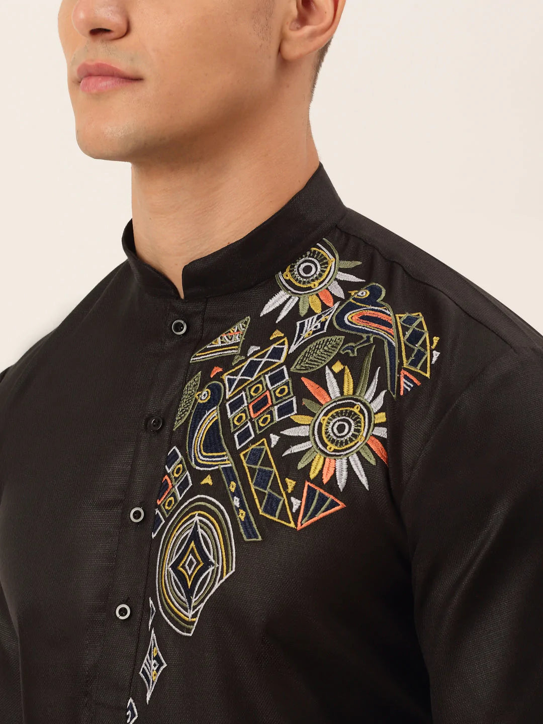 Men's Cotton Embroidered Kurta Pajama Sets ( JOKP 655 Black )