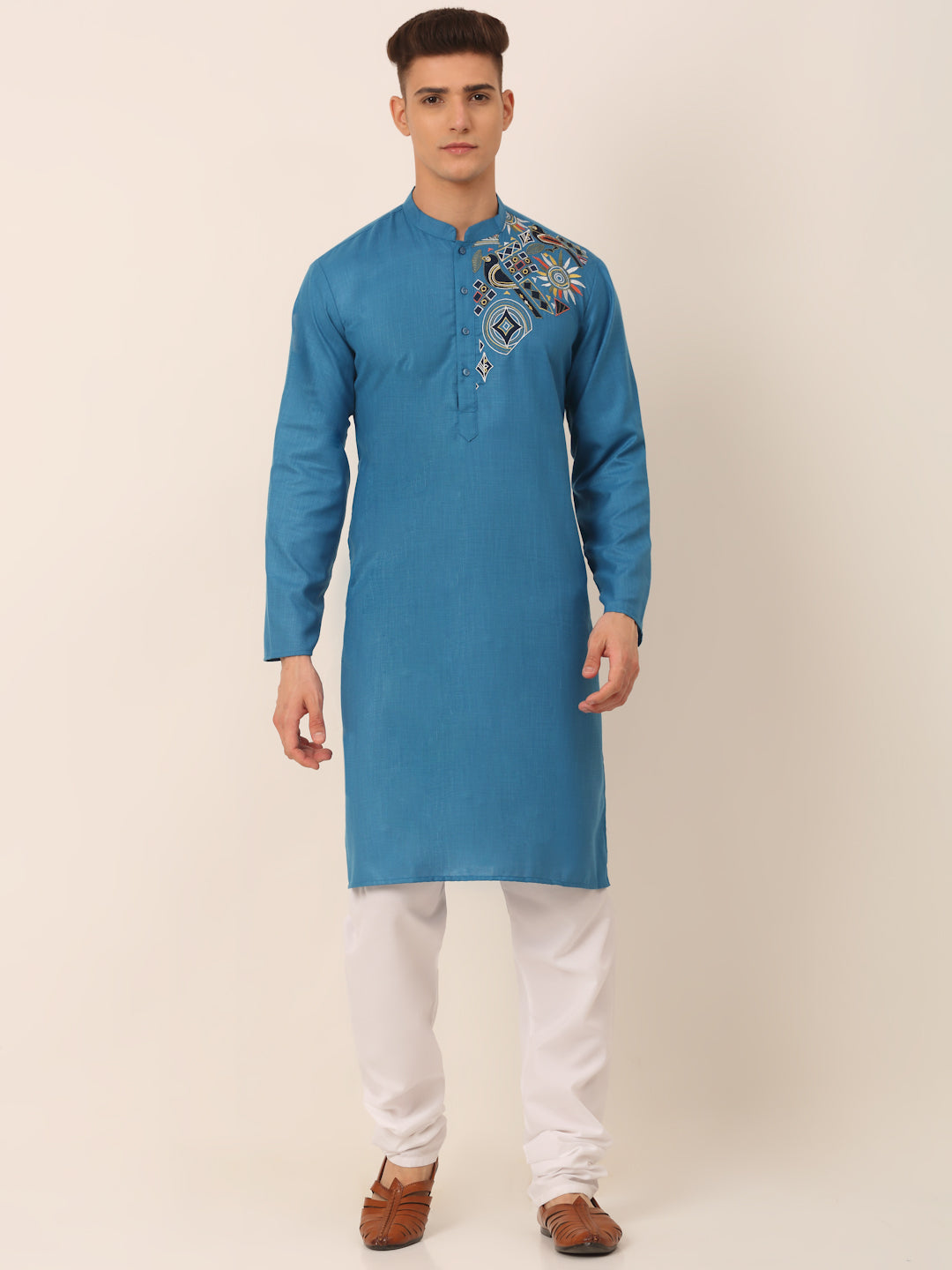 Men's Cotton Embroidered Kurta Pajama Sets ( JOKP 655Peacock )