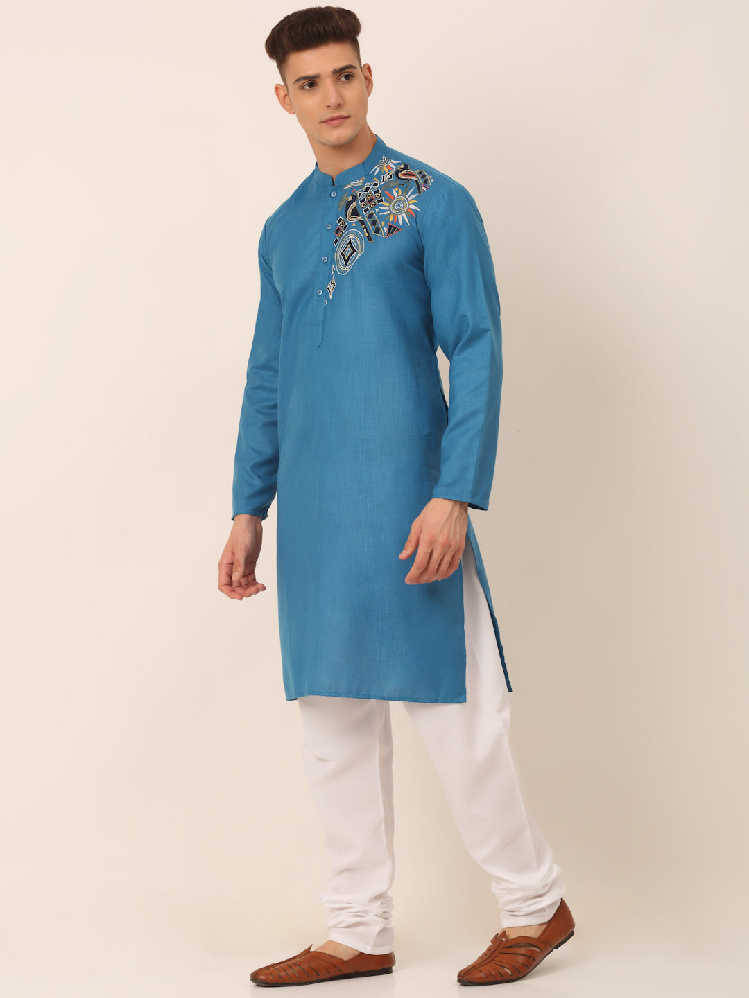 Men's Cotton Embroidered Kurta Pajama Sets ( JOKP 655Peacock )