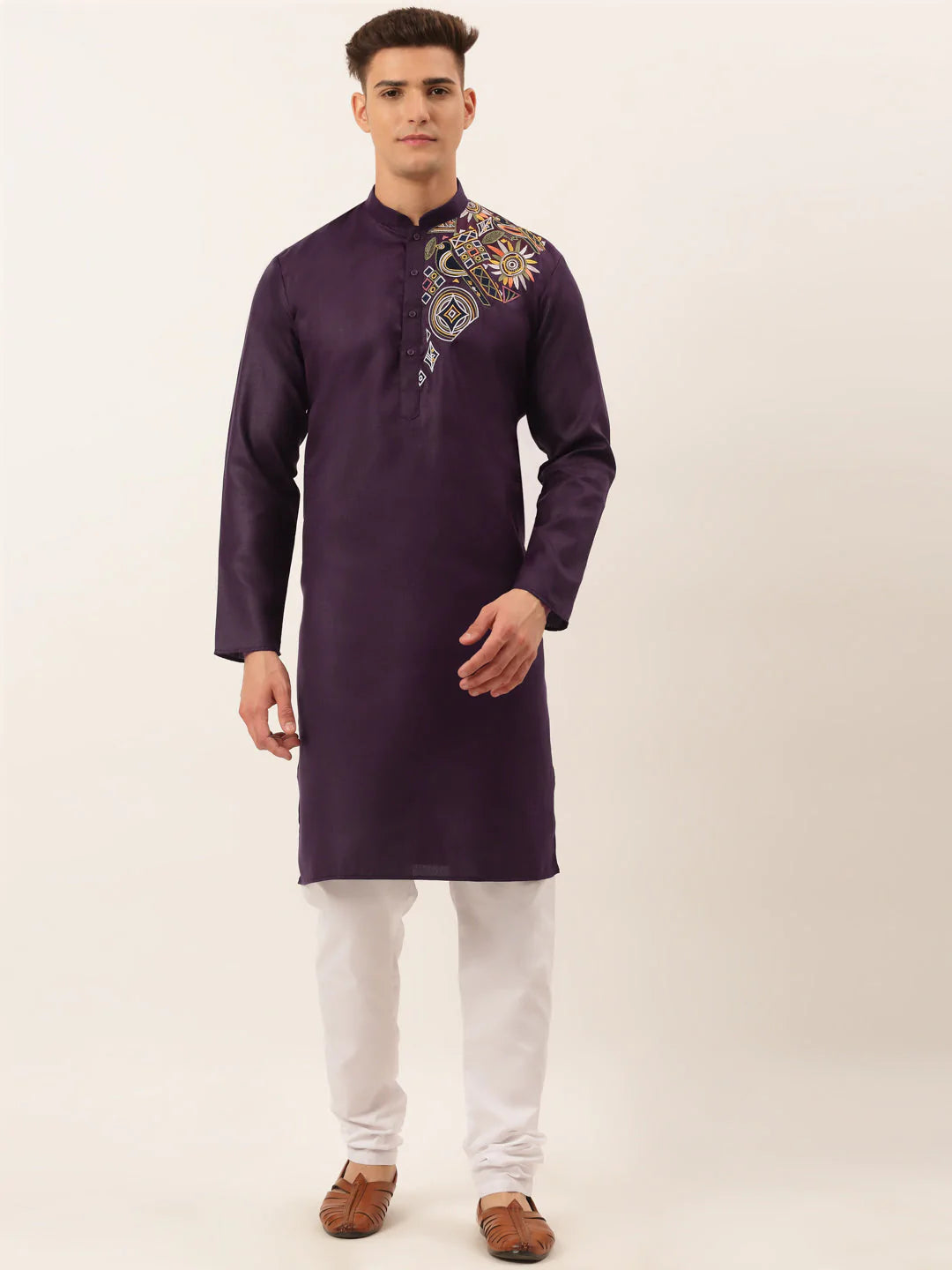 Men's Cotton Embroidered Kurta Pajama Sets ( JOKP 655 Purple )