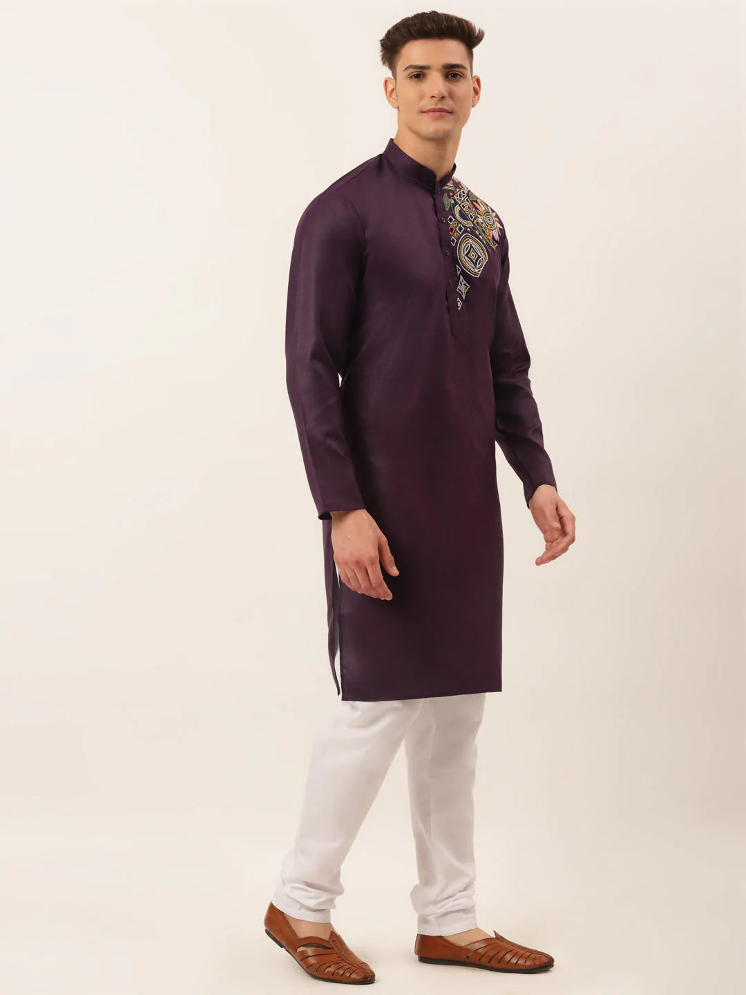 Men's Cotton Embroidered Kurta Pajama Sets ( JOKP 655 Purple )