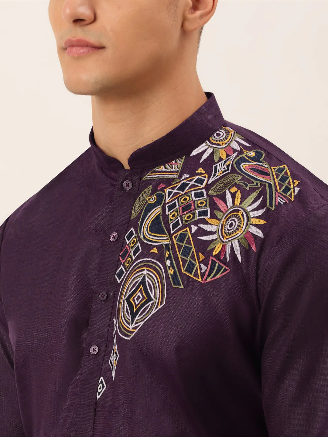 Men's Cotton Embroidered Kurta Pajama Sets ( JOKP 655 Purple )