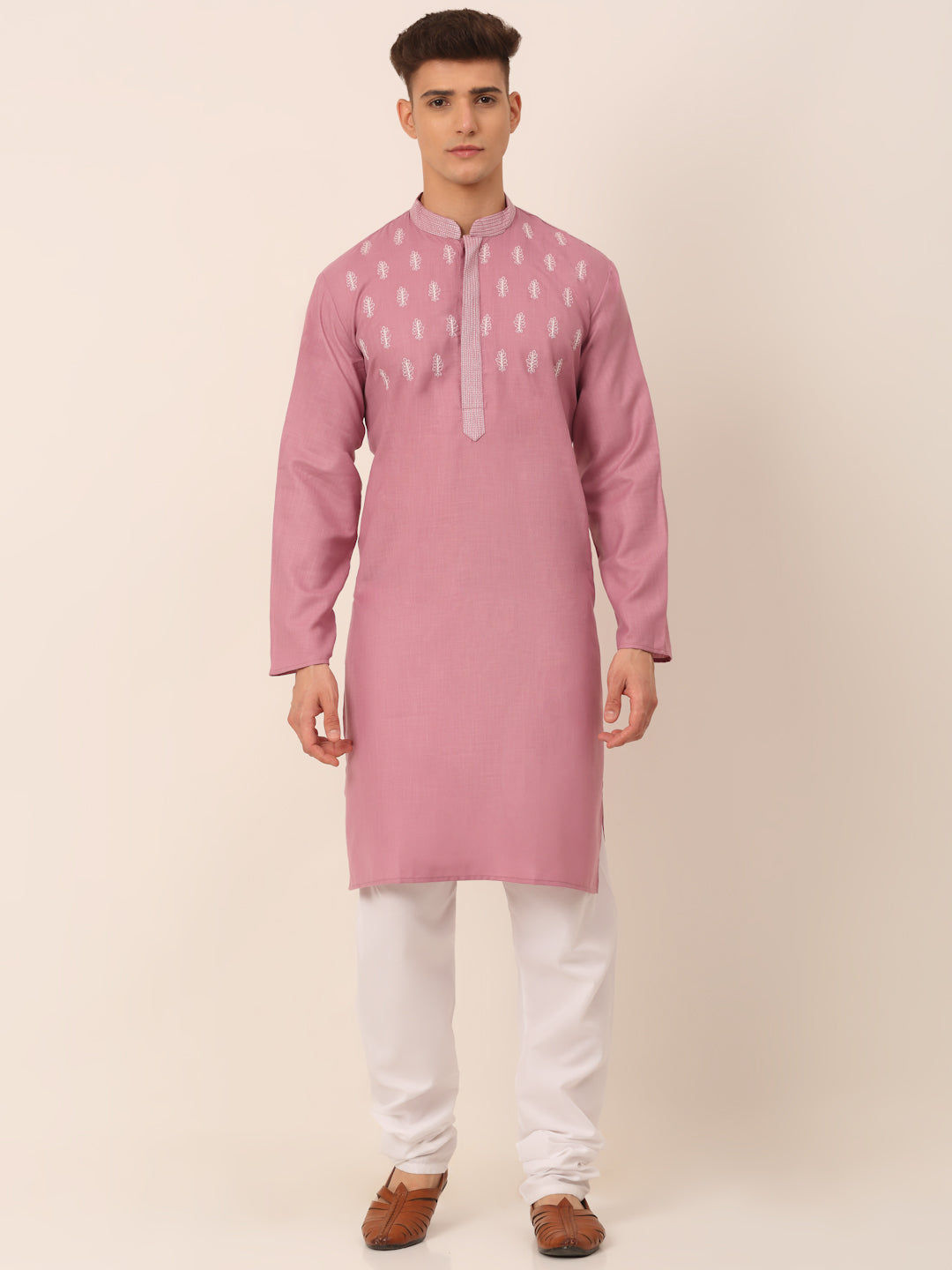 Men's Magenta Pink Embroidered Kurta Pajama Sets ( JOKP 656Magenta )