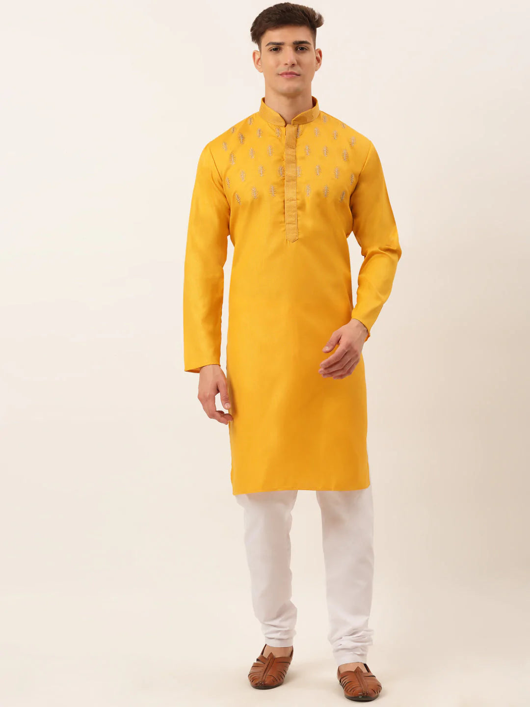 Men's Cotton Embroidered Kurta Pajama Sets ( JOKP 656 Mustard )