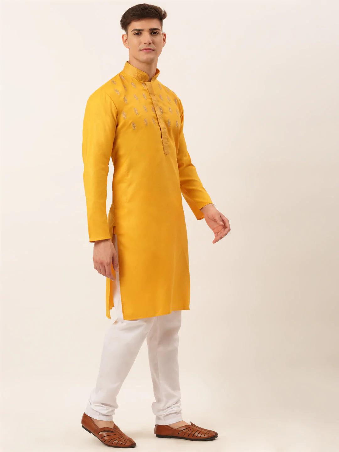 Men's Cotton Embroidered Kurta Pajama Sets ( JOKP 656 Mustard )